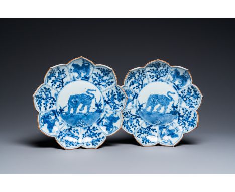 Full title: A pair of Chinese blue and white lotus-shaped 'leopard' dishes, KangxiDescription:Dia.: 22 cm