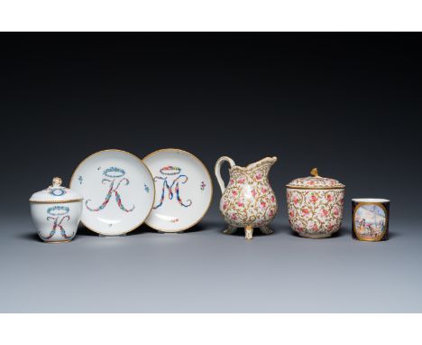 Full title: A Meissen porcelain covered bowl and two saucers, a Sevres-style milk jug, a covered bowl and a cup, Germany and 
