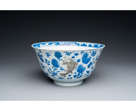 Full title: A Chinese blue, white and copper-red 'carps' bowl, KangxiDescription:Dia.: 25 cm - H.: 13 cm