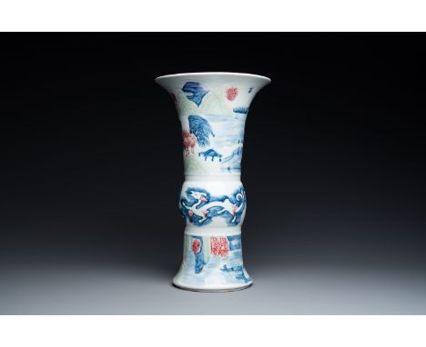 Full title: A Chinese blue, white, celadon and copper-red 'yenyen' vase, Kangxi mark, QingDescription:H.: 40,5 cm