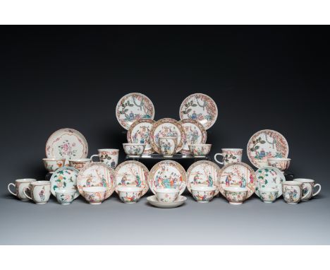 Full title: 19 Chinese famille rose cups and 15 saucers, QianlongDescription:Dia.: 13,5 cm (the largest saucer)L.: 9,5 cm - H