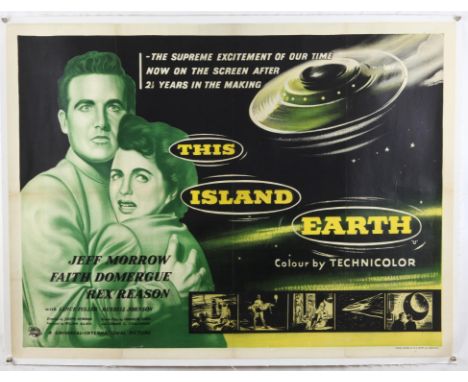 This Island Earth (1955) British Quad film poster with detailed science fiction artwork featuring flying saucers starring Jef