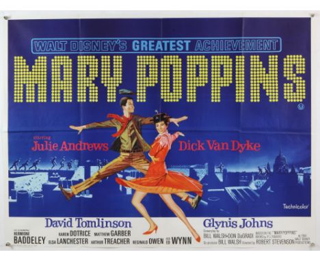 Walt Disneys Mary Poppins (R-1970s) British Quad film poster, starring Julie Andrews, folded, 30 x 40 inches. 