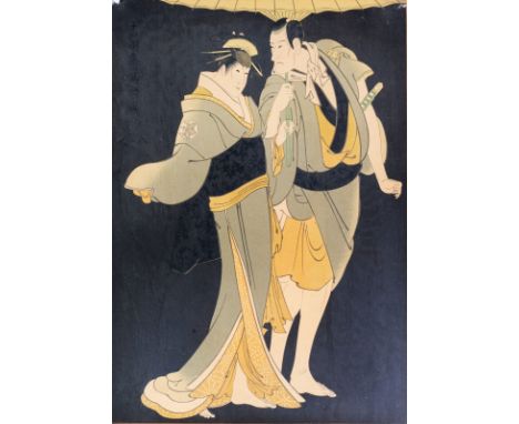 Toshusai Sharaku (active 1794 -1795)A posthumous print depicting two actors Japan, 20th century . . Cm 25,00 x 36,00. . Frame