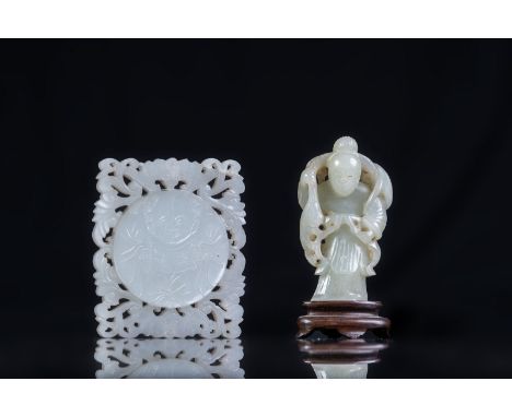 Chinese Art Two white jade carvings: a plaque and a lady figure China, 19th century . . Cm 6,00 x 7,00.