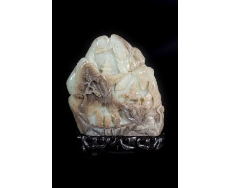 Chinese Art A celadon and grey jade carving of a  mountain with figures climbing to a pagoda  China, early 20th century . . C