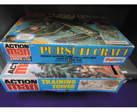 Two Palitoy Action Man plastic accessorises, Training Tower and Pursuit Craft, both boxed