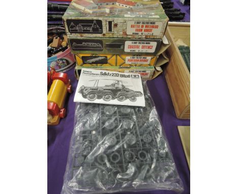 Four Airfix HO-00 scale kits, Battle of Waterloo Farmhouse, Coastal Defence, Pontoon Bridge and Gun Emplacement, all boxed al