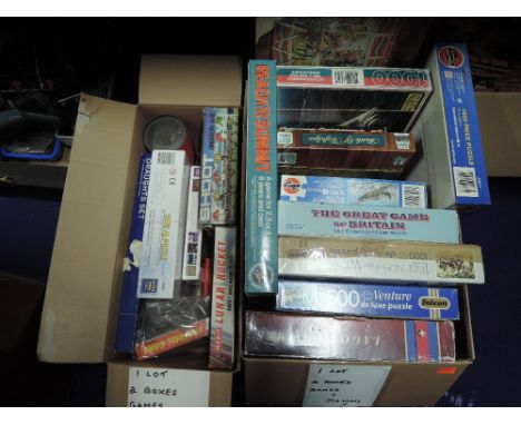 Two boxes of mixed vintage games and jigsaws including Berwick Shoot Match Set, Merit Lunar Rocket, Airfix etc
