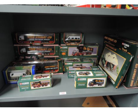 A shelf of Corgi (China) Eddie Stobart advertising wagons, truck sets and depot, all boxed, 15 sets