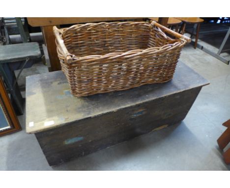 A Victorian pine trunk and a wicker log bin