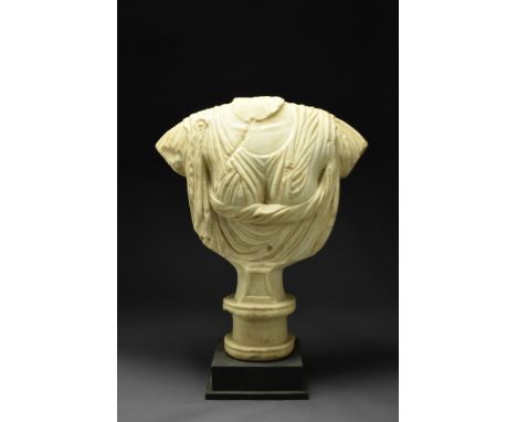 Ca. 100-200 AD.  A finely carved from marble, over life-size draped torso of a female, wearing a peplos with delineated folds