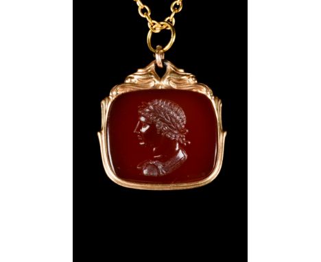 Ca. 1800 AD  A carnelian intaglio with a finely engraved portrait of a laureate male, possibly Emperor Tiberius, facing left,