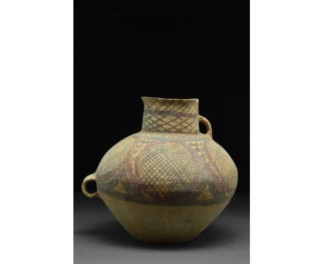 Ca. 3000 BC  A terracotta painted vase with an out-turned rim, a cylindrical neck, broad, flaring shoulders, conical body, an