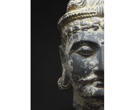 Ca. 200-300 AD Over life size schist head of a bodhisattva, with elaborate coiffure featuring a topknot (Ushnisha) and carefu