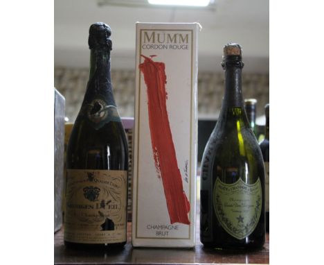 3 bottles. Dom Perignon 1992, good label, damage to foil capsule. Mumm Cordon Rouge Admirals Cup Reserve & George Dueil 1945 