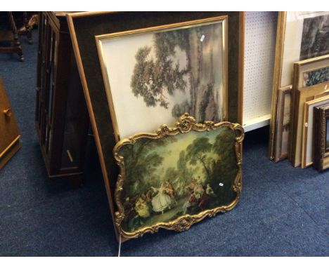 A gilt framed long mirror with six framed prints.