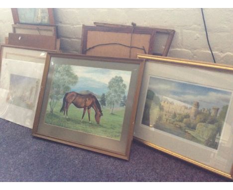 Lot to include ninteen framed paintings, prints, maps and a charcoal drawing.