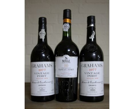 3 bottles of Port. 2 Grahams Vintage 1977, good labels and capsules & 1 Noval 10 year old Tawny Port, excellent condition.