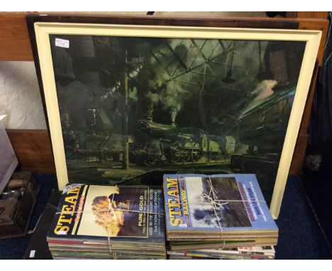 3 large framed prints of railway scenes and a large collection of Steam Railway magazines.