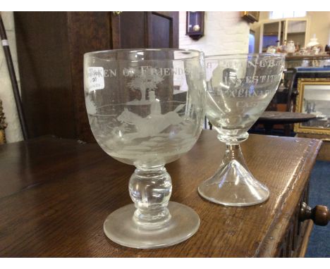 Two 20th Century goblets with engraved decorations, one of fox hunting.