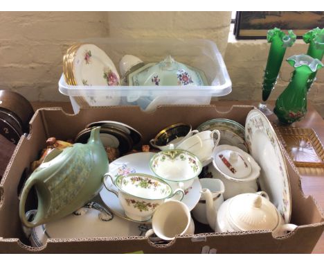 Two boxes of assorted ceramic ware including a wedgwood tea set and Coalport tea set in 'Viceroy' design.