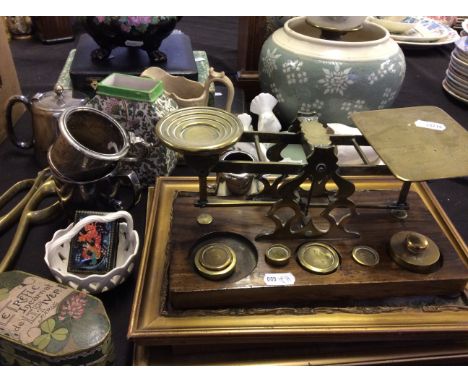 A variety of items to include postage scales, Wedgwood, oak cased clock, and a decorative Letrerle Incarnat de L.T Piver Pari