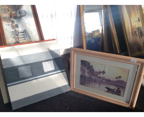 Twenty one canvases, oil and prints, some framed, along with six watercolours.
