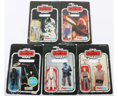 Five Palitoy  Opened Vintage The Empire Strikes Back Star Wars carded figures, Imperial Stormtrooper, with white vinyl cape/k