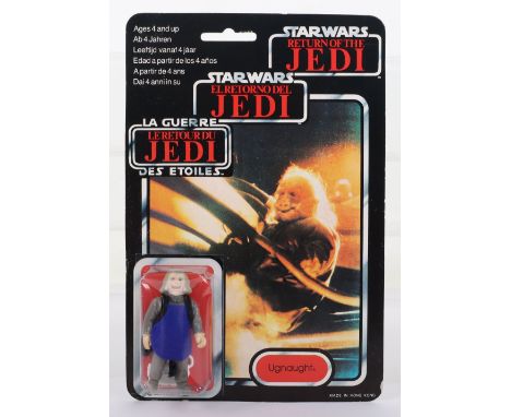 Palitoy General Mills Star Wars Tri Logo Return of The Jedi Ugnaught Vintage Original Carded Figure, 3 ¾ inches mint, blue ap