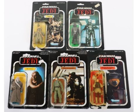 Five Opened Vintage Return of The Jedi Star Wars carded Figures, Palitoy Zuckuss with rifle, punched 45 card,Palitoy Bib Fort
