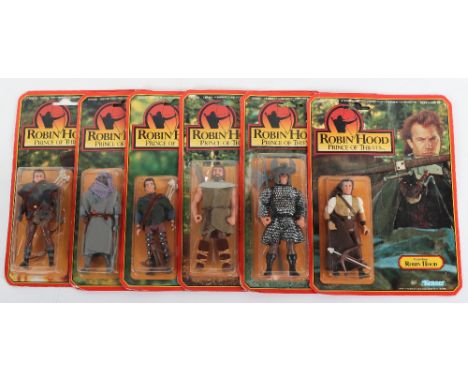 Six Kenner Robin Hood Prince of Thieves original carded Action Figures, Little John with quarterstaff, Will Scarlett with cro