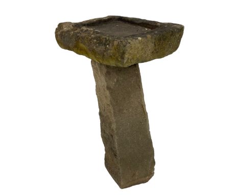 Two-piece stone bird bath, rectangular basin on hand tooled pedestal baseDimensions: Height:&nbsp;95cm&nbsp; Length/Width:&nb