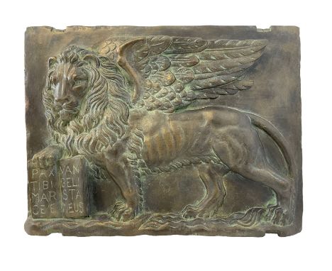 Bronze effect relief wall plaque, depicting the Venetian winged lion of St Mark the Evangelist holding the BibleDimensions: H