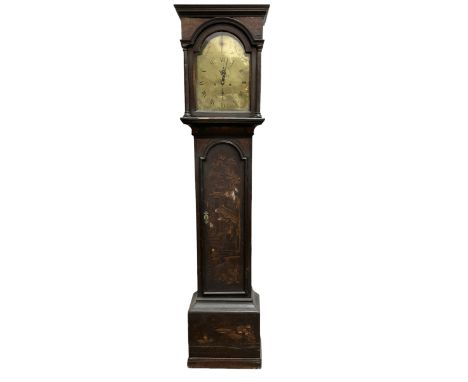 Fowle of Hastings - mid-18th century 8-day black-lacquer longcase clock, hood with a flat pediment and break arch hood door, 