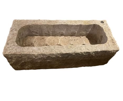 Hewn granite trough or garden planter, rectangular form with tooled edges, the basin with circular pot insetsDimensions: Heig