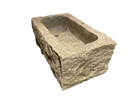 Hewn granite trough or garden planter, rectangular form with tooled edges, the basin with circular pot insetsDimensions: Heig