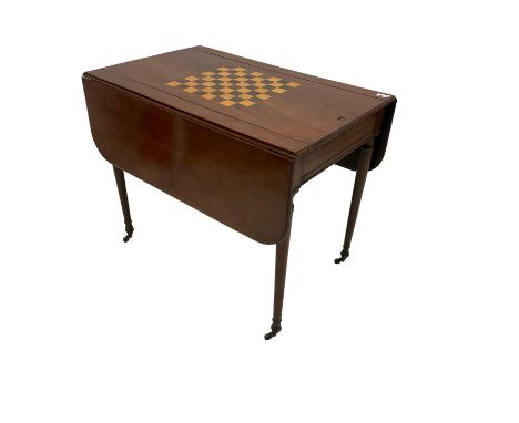 George III mahogany drop leaf games table, the reversible sliding top with satinwood parquetry chessboard, opening to reveal 