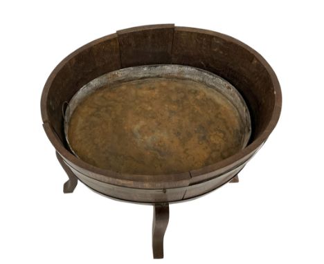 R.A. Lister - early 20th century brass bound oak planter on standDimensions: Height:&nbsp;65cm&nbsp; Length/Width:&nbsp;65cm&