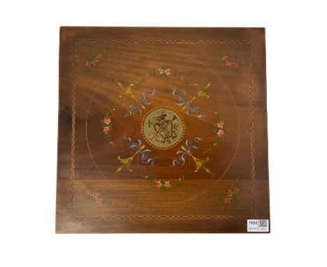 Edwardian mahogany occasional table, square top with inlaid chequered feather stringing, painted with harp and trumpet motif 