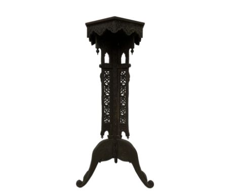 19th century carved hardwood Kashmiri plant stand or jardinier, hexagonal top with carved scrolling foliate decoration and fl