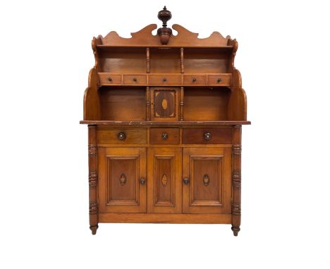 Late 19th century pine and mahogany bespoke dresser, broken swan pediment with central turned baluster finial, the top sectio