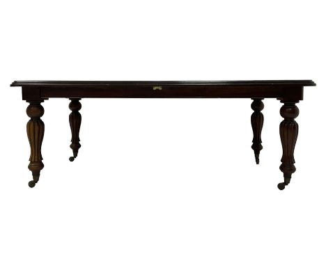 Victorian design mahogany extending dining table, rectangular top with moulded edge, raised on turned and lobed vasiform supp