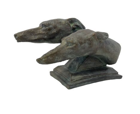 Bronze effect study of two Greyhound heads after M. Bertin 'At the finishing Line', on stepped plinth baseDimensions: Height: