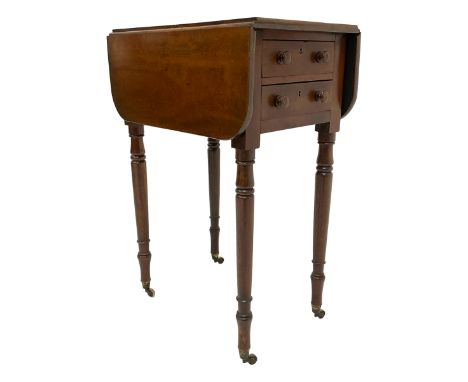 Victorian mahogany Pembroke table, rectangular drop-leaf top with rounded corners, fitted with two drawers and two false draw