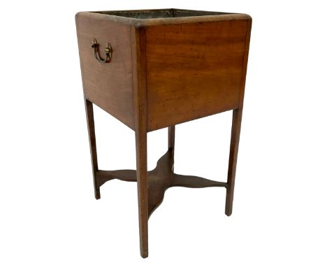 George III mahogany planter or cellarette, square form with metal lining, fitted with brass handles, on square supports joine