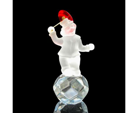 Frosted figural holding red umbrella standing on ball. E &amp; R acid mark on base. This item has its original box: 4"H x 3.2