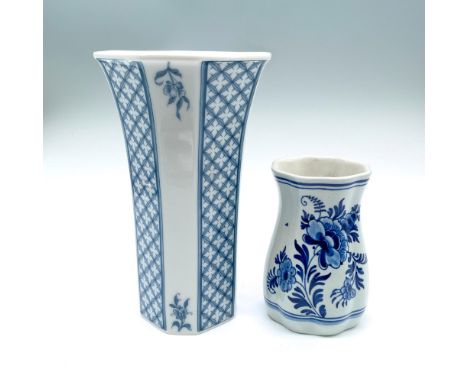 Vintage decorative collector's set includes a tall Villeroy and Bosh China Blue vase. Also includes a small Des Porceleyne Fl