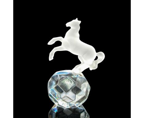 Clear faceted ball with frosted rearing horse on top. E &amp; R acid mark. This item has its original box: 4"H x 3.25"dia. Is