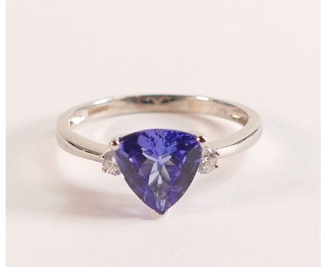 Trillion cut tanzanite and diamond 14ct white gold ring - The trillion cut tanzanite has equal sides that measure 8.3mm and w